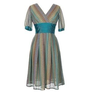Kay Unger Teal Waistband Multicolor Zigzag Midi Dress